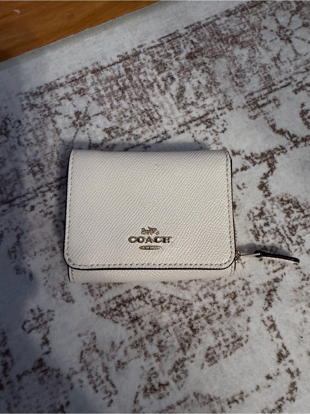 Coach White Pebbled Leather Compact Wallet with Gold Logo